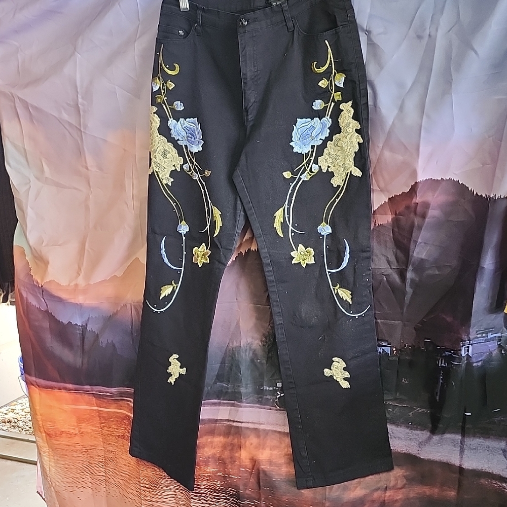 Embroidered Black Women's Jeans with Blue & Gold Floral Accents